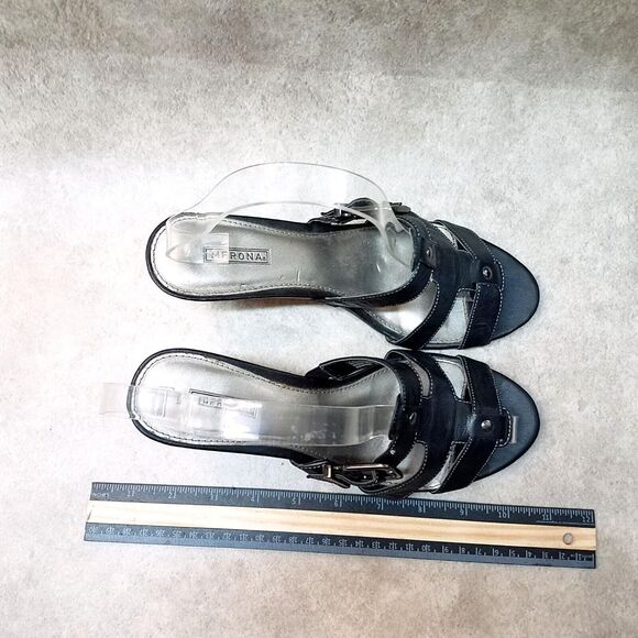 Merona Womens Edwina Size 7.5 Black Leather Open Toe Slide Wedge Sandals - Picture 7 of 10